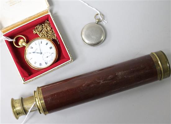 A hunter-cased pocket compass, a Vertex Revue plated fob watch and chain and a brass telescope,